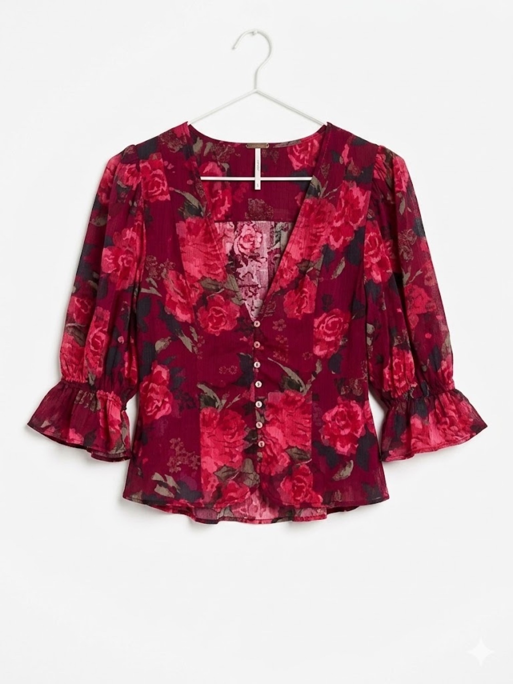 Free People Red and Burgundy Floral Print Deep V top in Medium